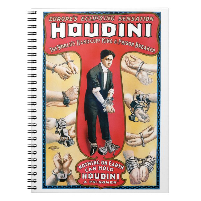 Houdini Magician 1909 Vintage Poster Restored Notebook (Front)
