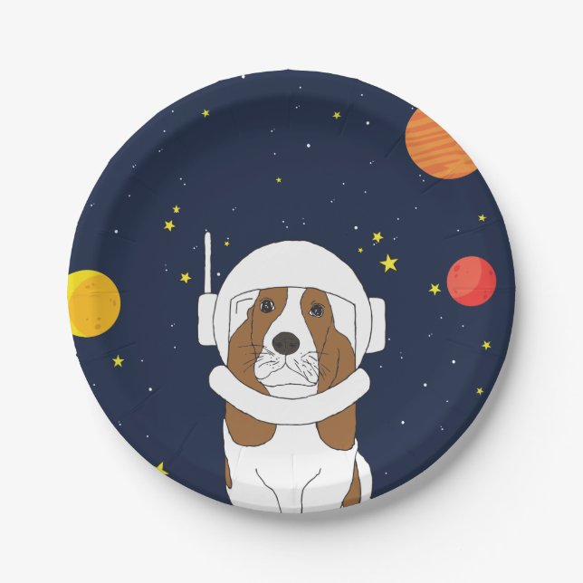 Hound Dog Astronaut Animal With Space Helmet Paper Plate (Front)