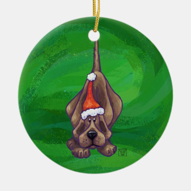 Hound Dog Christmas On Green Ceramic Tree Decoration (Front)