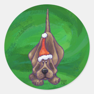 Hound Dog Christmas On Green Classic Round Sticker