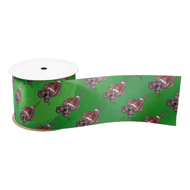 Hound Dog Christmas On Green Satin Ribbon (Spool)