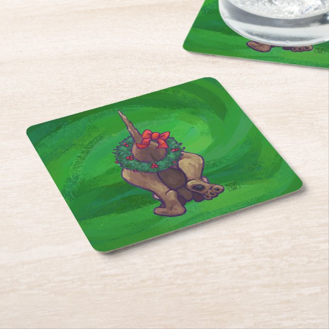Hound Dog Christmas On Green Square Paper Coaster (Angled)