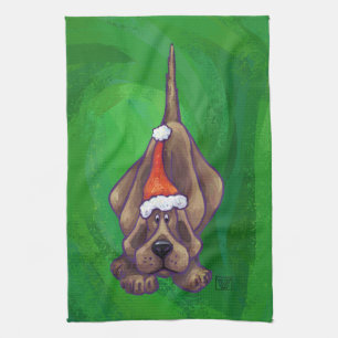 Hound Dog Christmas On Green Tea Towel