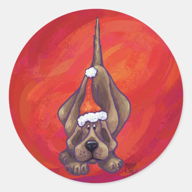 Hound Dog Christmas On Red Classic Round Sticker (Front)