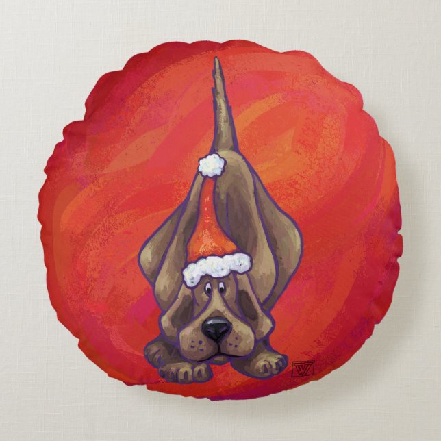 Hound Dog Christmas On Red Round Cushion (Front)