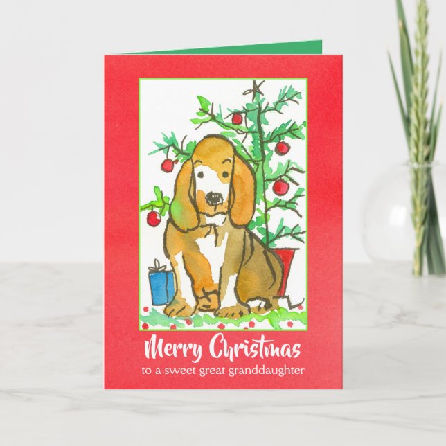 Hound Dog Merry Christmas Great Granddaughter Card (Front)