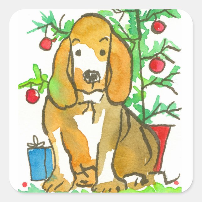 Hound Dog Merry Christmas Square Sticker (Front)