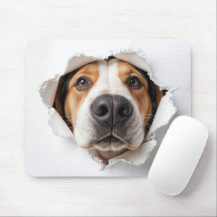 Hound Dog Peeking Through Torn Paper Hole Mouse Mat
