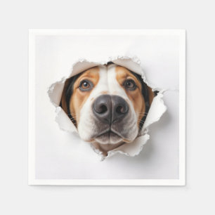 Hound Dog Peeking Through Torn Paper Hole Napkin