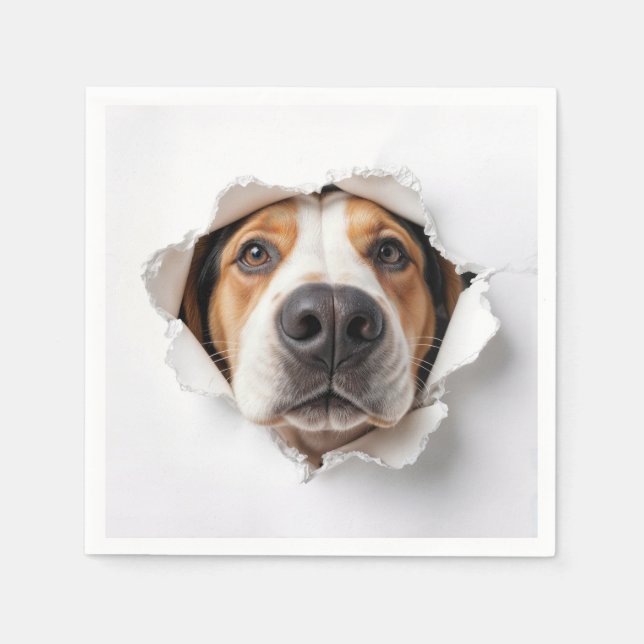 Hound Dog Peeking Through Torn Paper Hole Napkin (Front)
