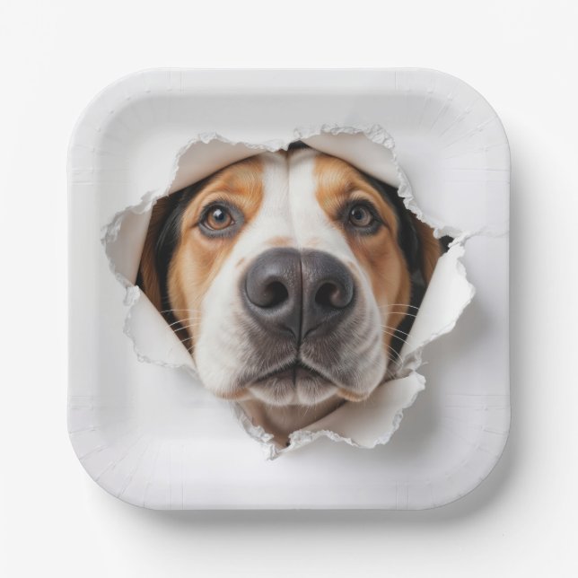 Hound Dog Peeking Through Torn Paper Hole Plate (Front)