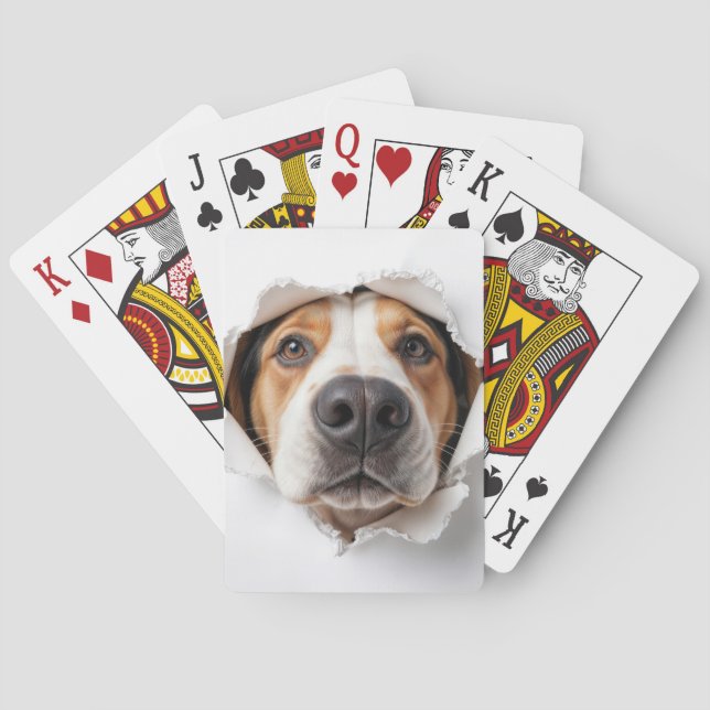 Hound Dog Peeking Through Torn Paper Hole Playing Cards (Back)