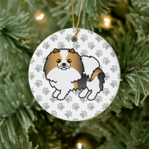 Hound Tricolor Pomeranian Cute Cartoon Dog & Paws Ceramic Tree Decoration