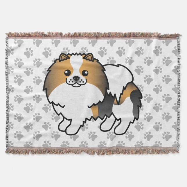 Hound Tricolor Pomeranian Cute Cartoon Dog & Paws Throw Blanket (Front)