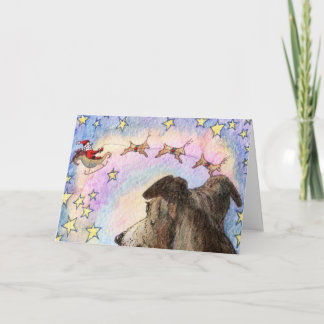 Hound Watches Santa and Reindeer in Star Sky CARD