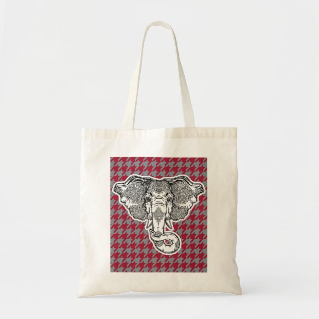 Houndstooth Alabama Crimson and Grey with Elephant Tote Bag (Front)