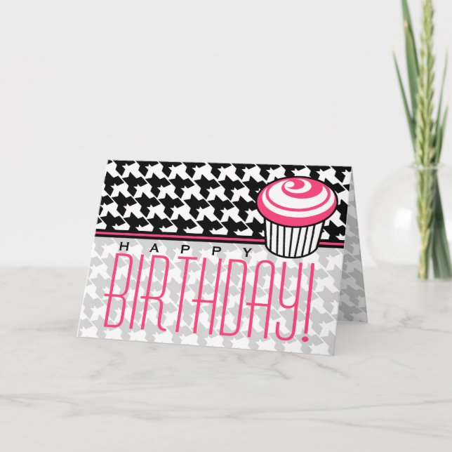 Houndstooth Birthday Card with Pink Cupcake (Front)