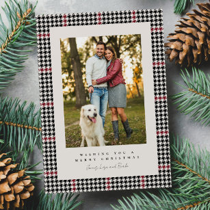 Houndstooth black and red three photo family holiday card