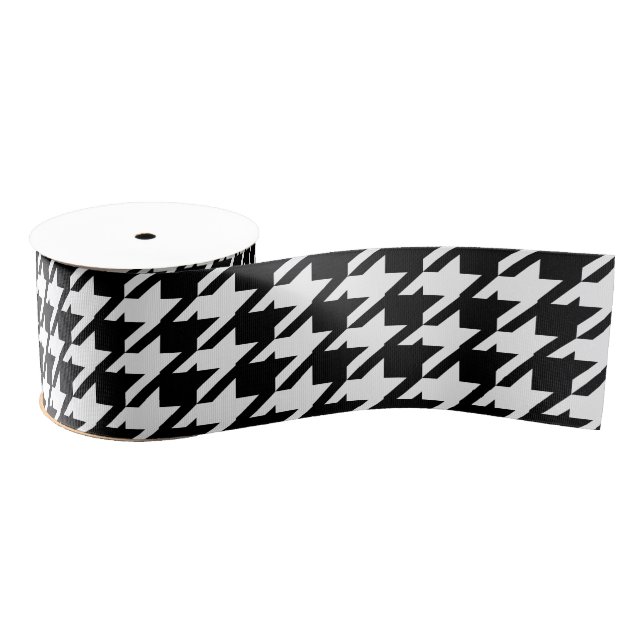 Houndstooth Black and White Jagged Checks Pattern Grosgrain Ribbon (Spool)