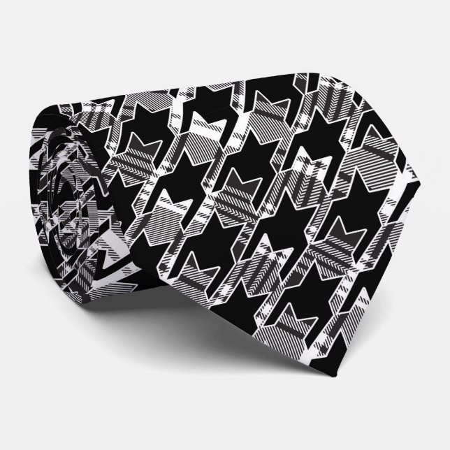 Houndstooth Black And White Patchwork Pattern Tie (Rolled)