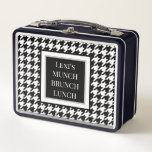 Houndstooth Black White Metal Lunch Box<br><div class="desc">Dash off to school or work in style with your personalised black and white houndstooth patterned lunch box. Design features white modern magazine like text overlaying a black square with a white, grey and black frame. Easily personalise the text with a name or monogram. Keep the fun rhyming quote of...</div>