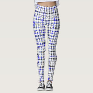 Houndstooth Blue Black and White Plaid Pattern Leggings