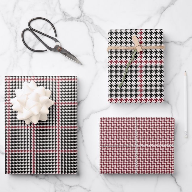 Houndstooth classic holiday black red coordinating wrapping paper sheet (Front)