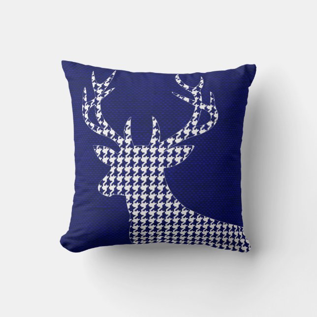 Houndstooth Deer Silhouette on Burlap | navy Cushion (Front)