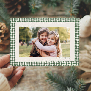 Houndstooth frame green three photo Christmas Holiday Card