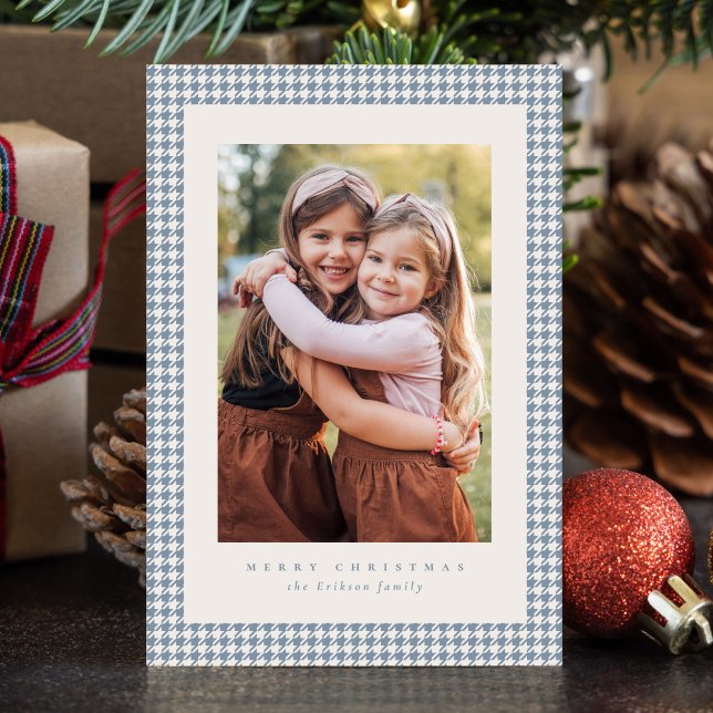 Houndstooth frame light blue Christmas photo Holiday Card (Creator Uploaded)