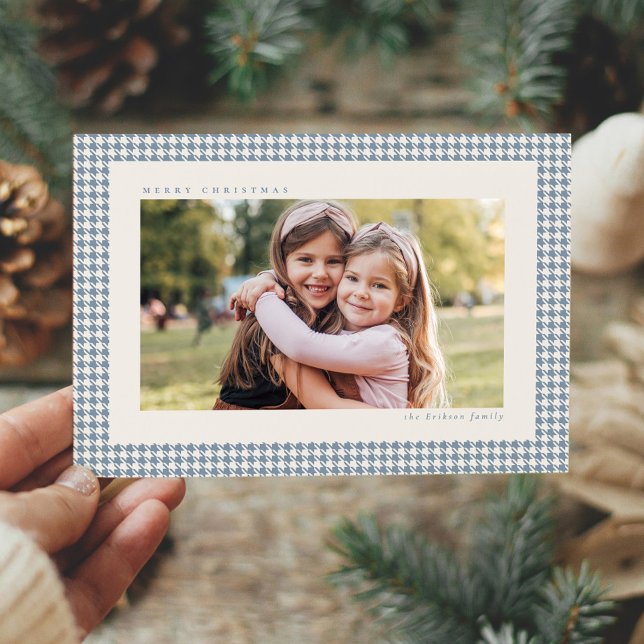 Houndstooth frame light blue three photo Christmas Holiday Card (Creator Uploaded)