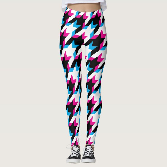 Houndstooth Glitch Blue and Pink Leggings (Front)