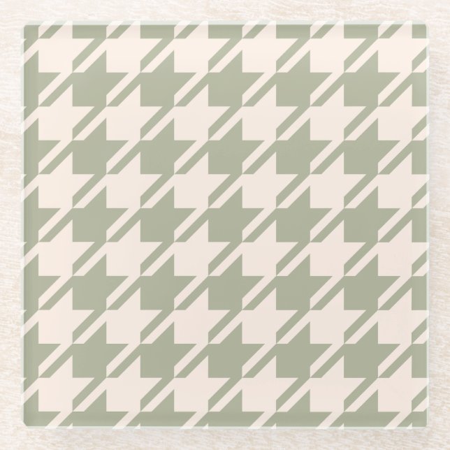 Houndstooth Green+Cream Lg Pattern Glass Coaster (Front)