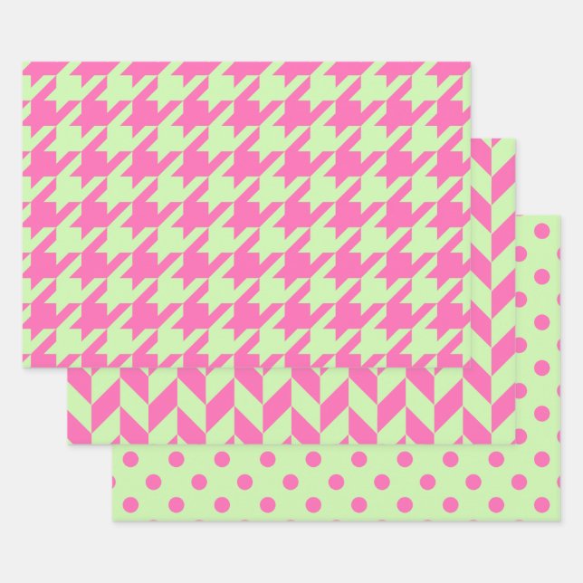 Houndstooth, Herringbone, Dot DIY Celery Pinks Wrapping Paper Sheet (Set)