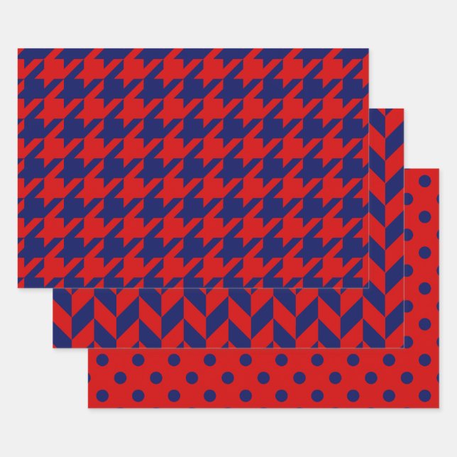 Houndstooth, Herringbone, Dot DIY Colours Red Blue Wrapping Paper Sheet (Set)