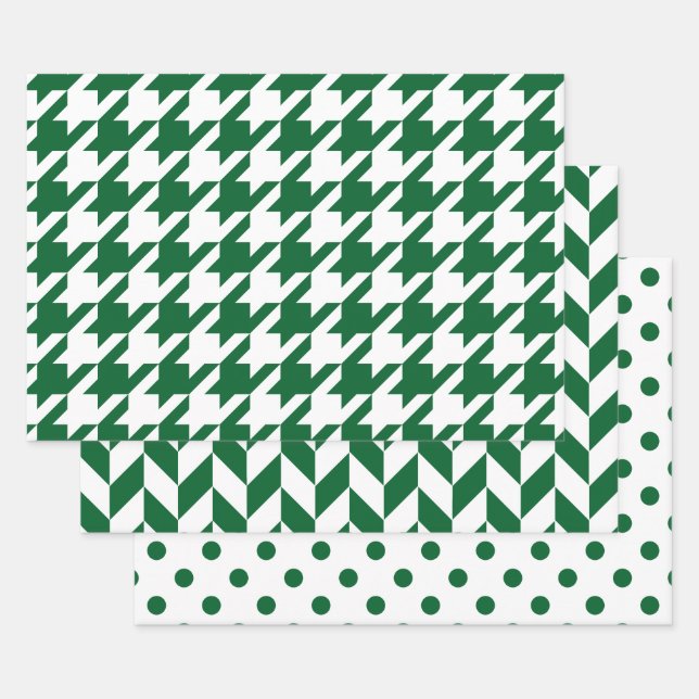 Houndstooth, Herringbone, Dot DIY Colours Wht Gree Wrapping Paper Sheet (Set)