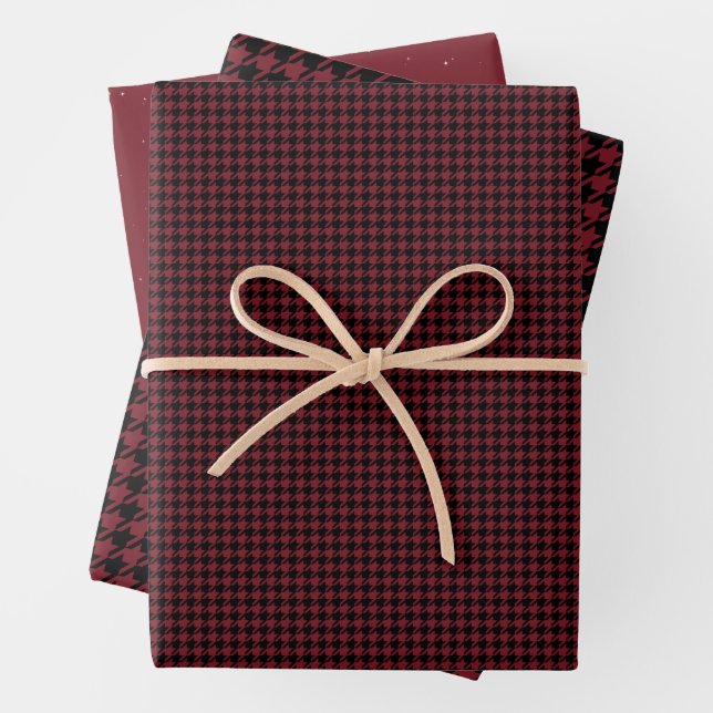 Houndstooth holiday check dark red Christmas Wrapping Paper Sheet (In situ)