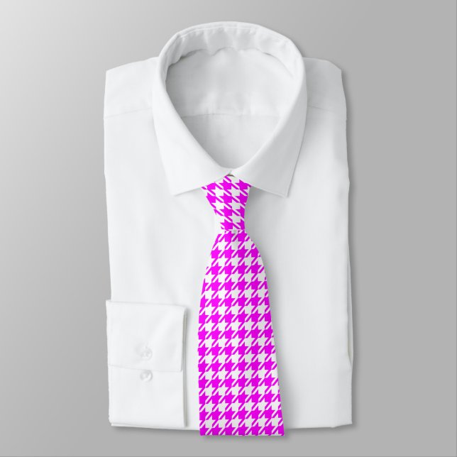 Houndstooth Hot Pink on White Pattern Tie (Tied)
