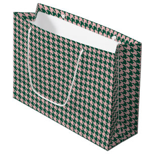 Houndstooth Modern Christmas Holiday Green & Pink  Large Gift Bag