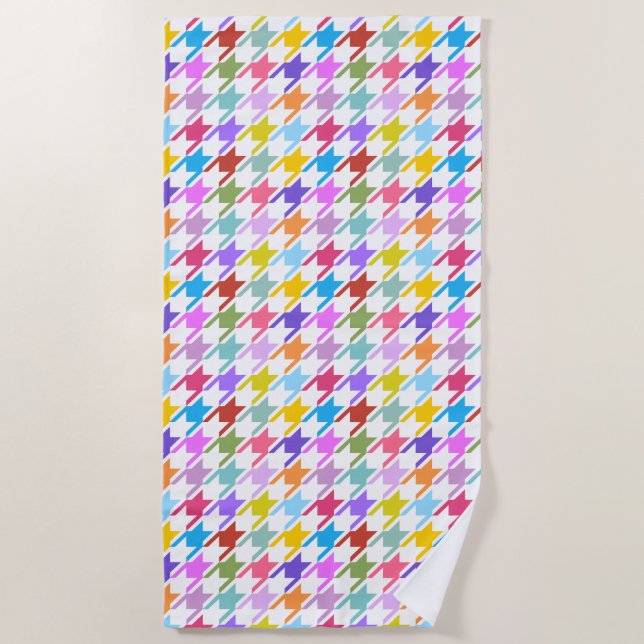 Houndstooth Multicolor+White Pattern Beach Towel (Front)