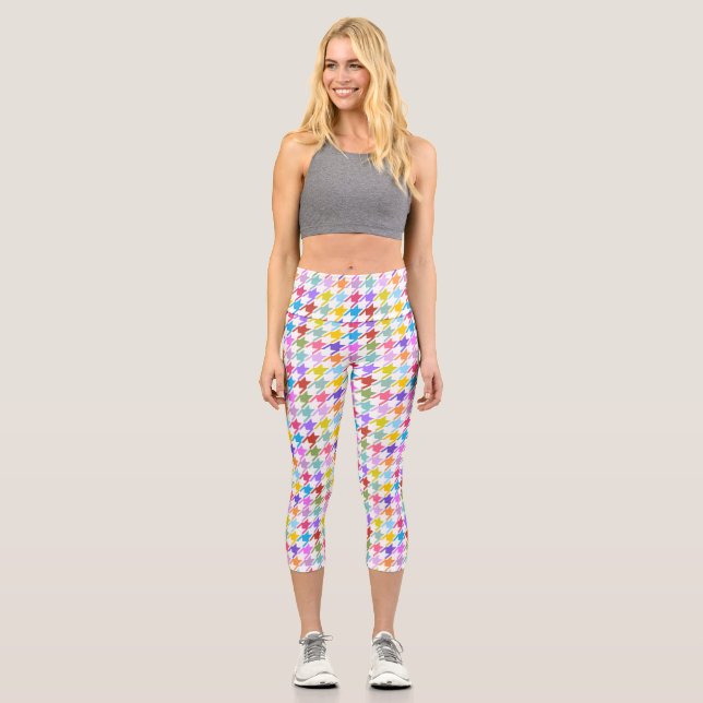 Houndstooth Multicolor+White Pattern Capri Leggings (Front)