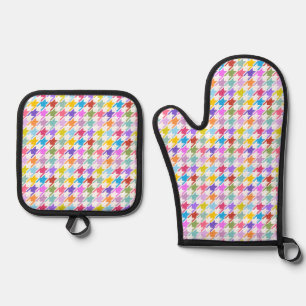 Houndstooth Multicolor+White Pattern Oven Mitt & Pot Holder Set