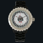 Houndstooth Owl Watch<br><div class="desc">A watch featuring an illustration of an owl with houndstooth belly over a matching houndstooth background.  Personalise with your name.</div>