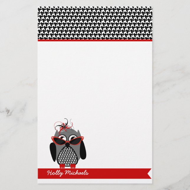 Houndstooth Owl With Sunglasses Stationery (Front)