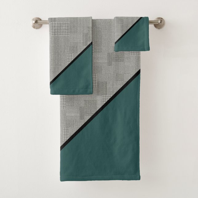 Houndstooth Pattern, Black Stripes, Green Bath Towel Set (Insitu)