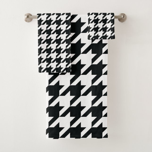 Houndstooth Pattern Black White Bath Towel Set (Insitu)