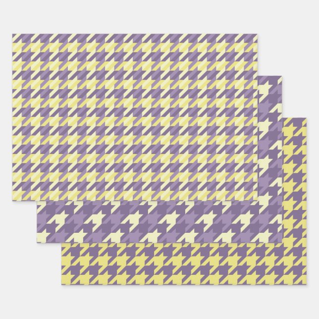 Houndstooth pattern in purple and yellow wrapping paper sheet (Set)