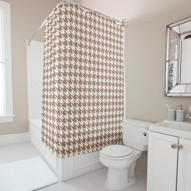 Houndstooth Pattern Mocha Mousse and White Shower Curtain (In Situ)