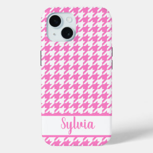 Houndstooth Pattern Pink White Personalised iPhone 15 Case