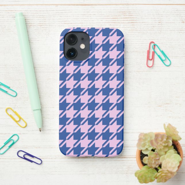 Houndstooth Pink+Blue Pattern iPhone Case (On Desk)